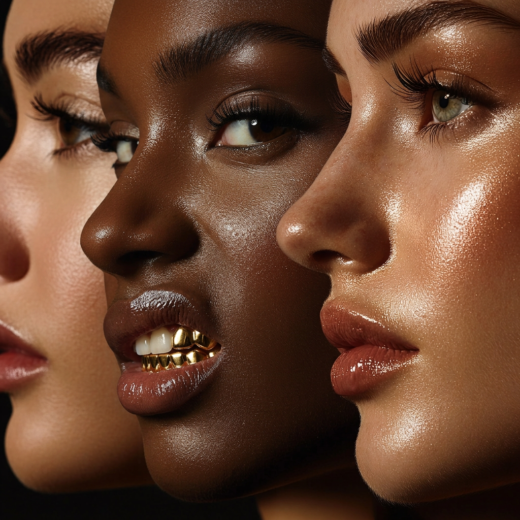 Three women with glowing skin and gold jewelry, one holding Kasai body lotion